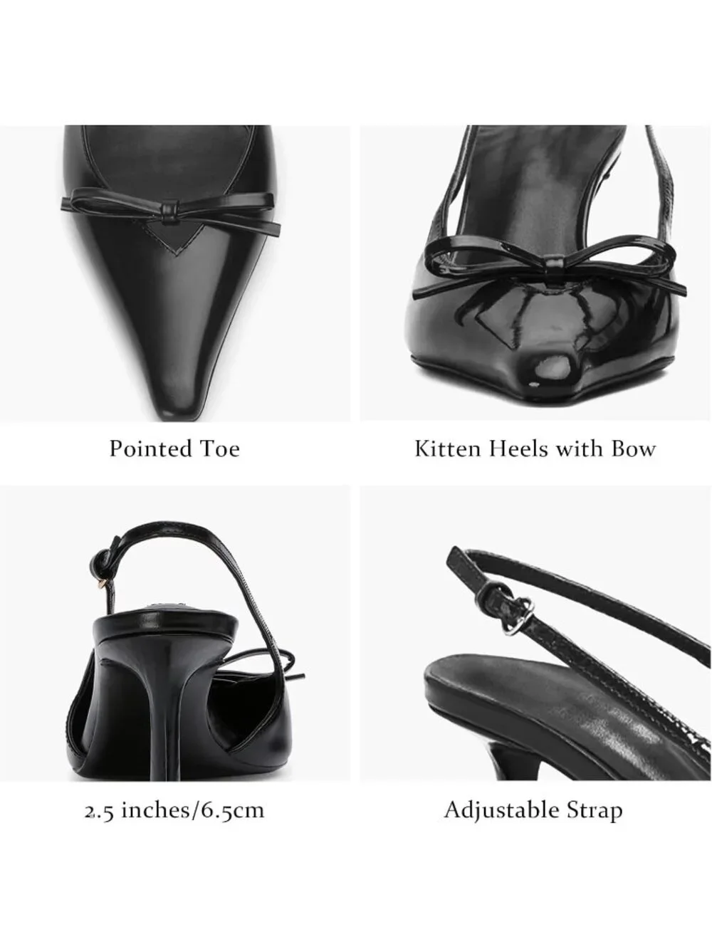 Women's Black Patent Kitten Heels with Bow Pointed Close Toe Pumps Dress Party